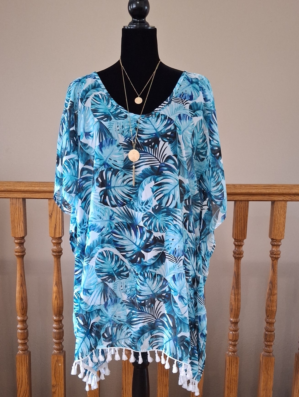 No Boundaries Blue Tropical Leaf Swim Coverup with Tassel Hem